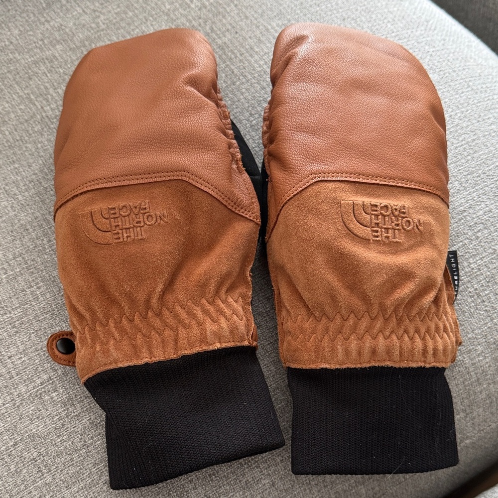 The North Face women’s Brown Leather & Suede Mittens with Black Cuffs